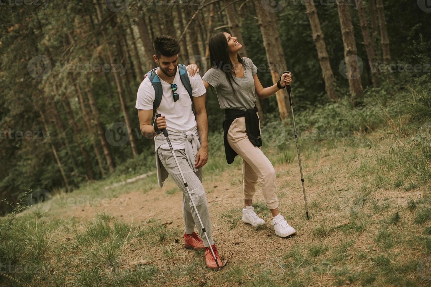 Couple of hikers with backpacks walk through the forest photo