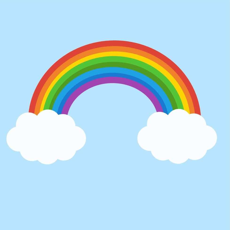 Rainbow and clouds in the blue sky.Weather concept.Sign, symbol, icon or logo isolated.Kids and childish.Banner for card.Cartoon vector illustration.Flat design.Graphic.Clipart.