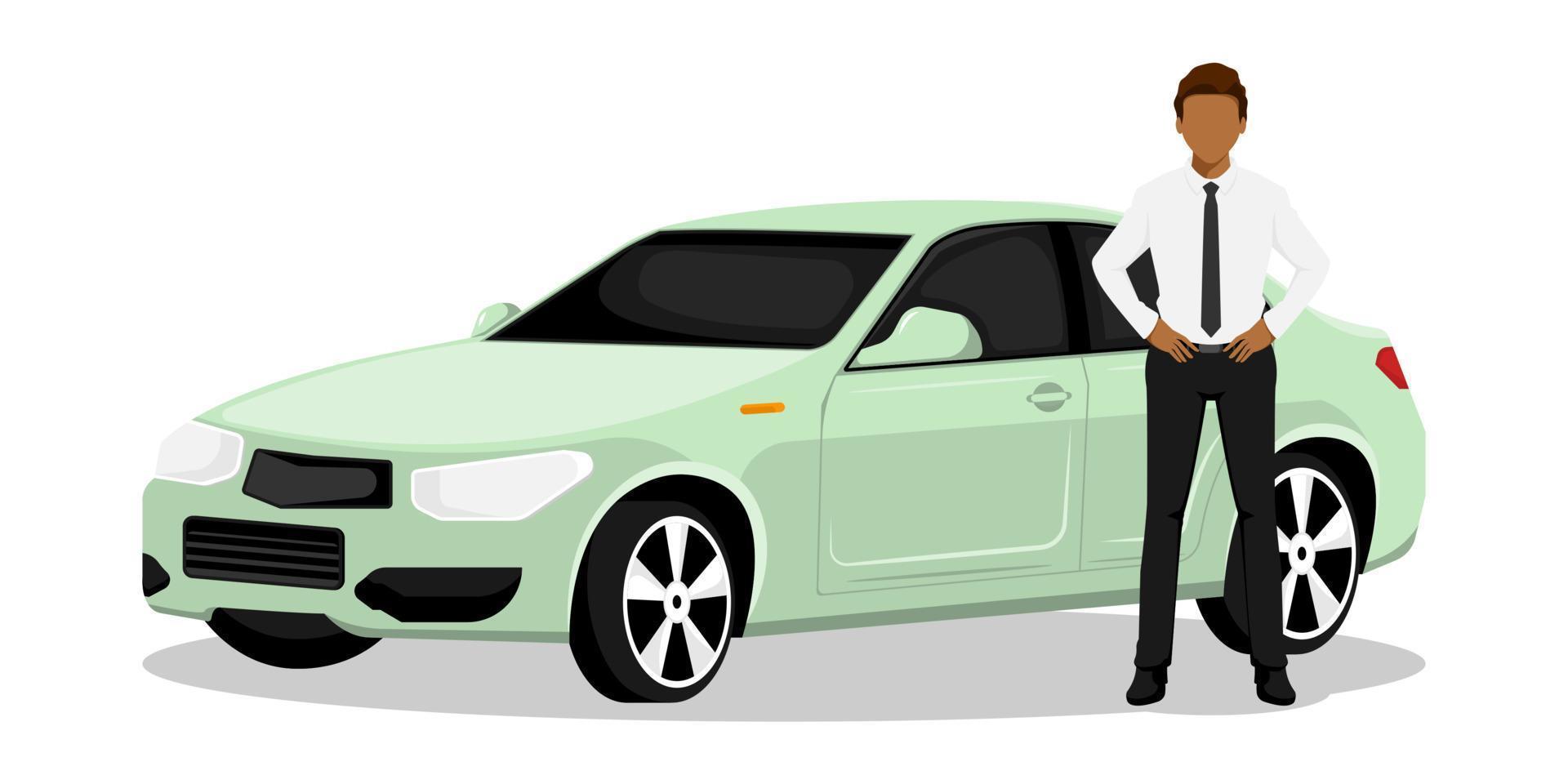 diseño de hombre de negocios, corredor que vende auto personal en antecedentes aislados, ilustración vectorial. vector