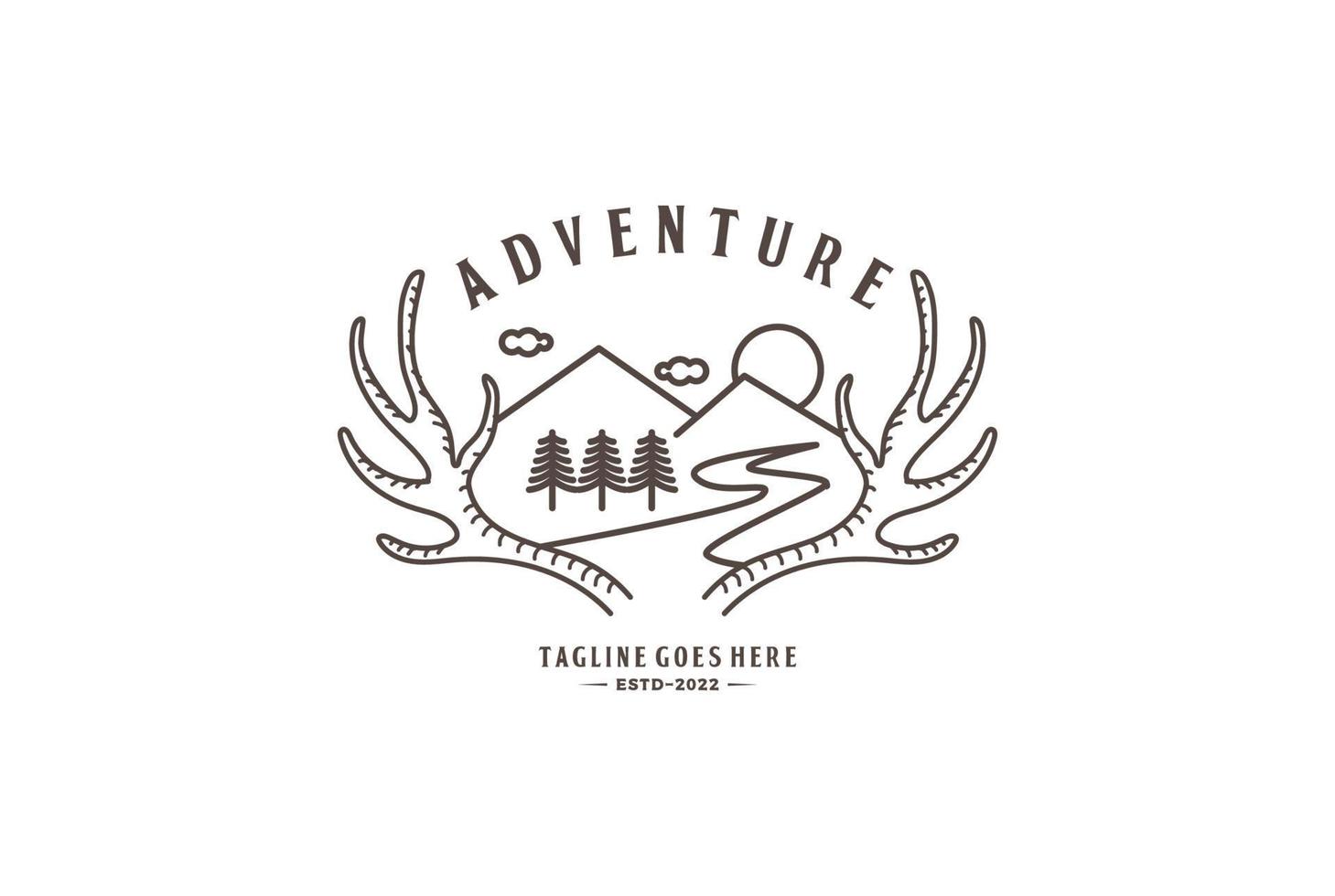 Antler Deer Moose Horn with Mountain Pine Forest Fir Creek River for Outdoor Adventure Logo Design vector