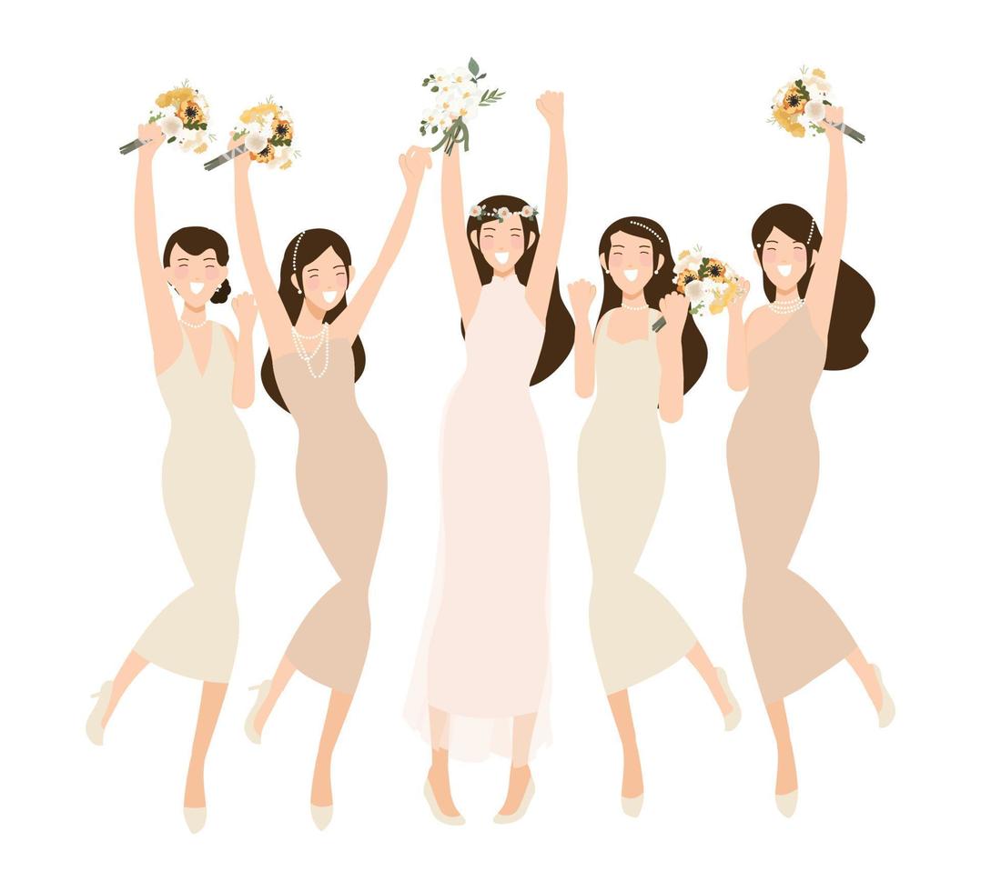 happy young bride and bridesmaid  party dance flat style vector