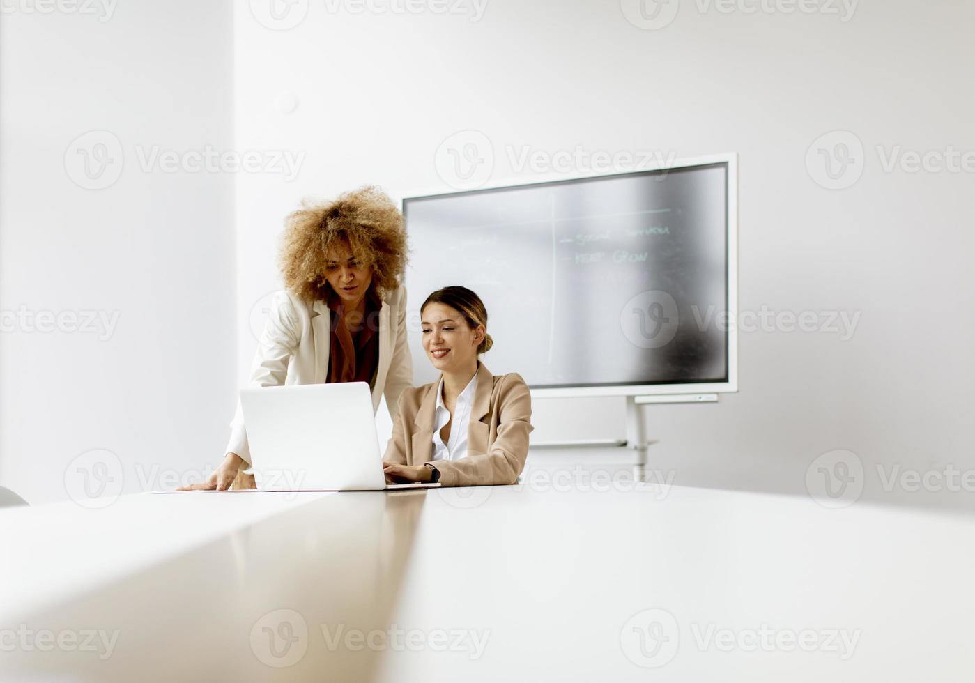 Young businesswomen discussing and using laptop in the modern office photo