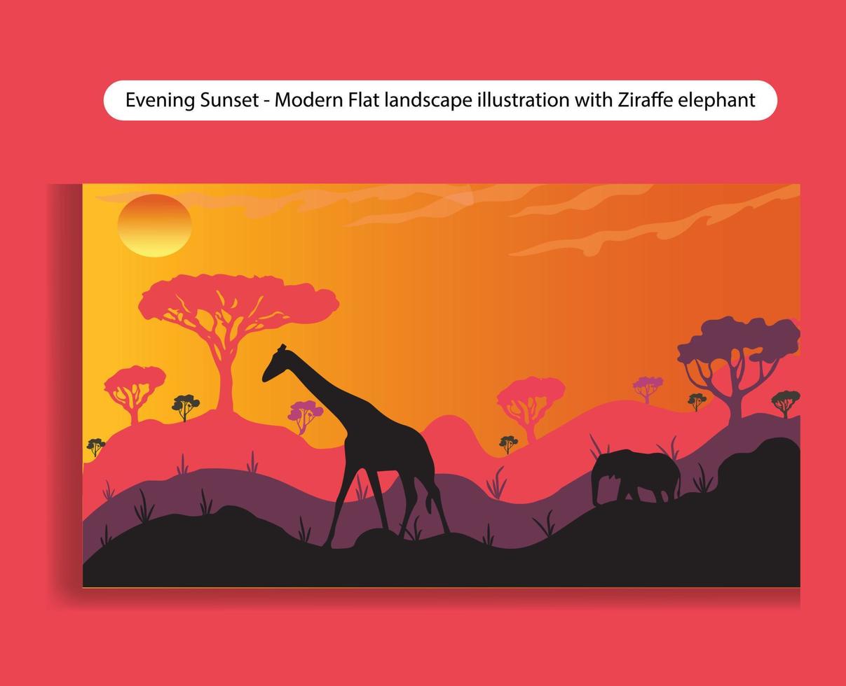 Evening Sunset - Modern Flat landscape illustration with Giraffe elephant vector