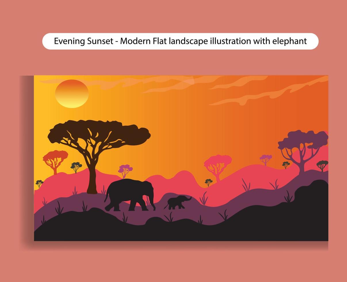 elefante negro caminando en la ilustración de vector de luz de noche de fondo de montaña y puesta de sol