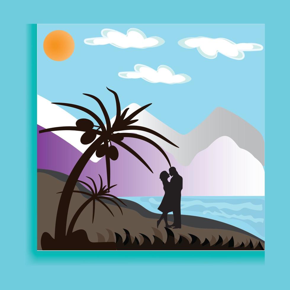 dos amantes en la playa con puesta de sol tropical detrás de ellos vector