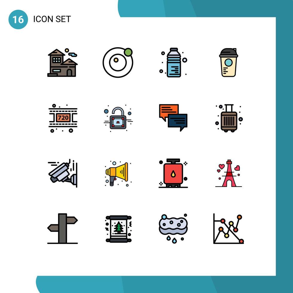 Modern Set of 16 Flat Color Filled Lines Pictograph of reel thermo drink sports game Editable Creative Vector Design Elements