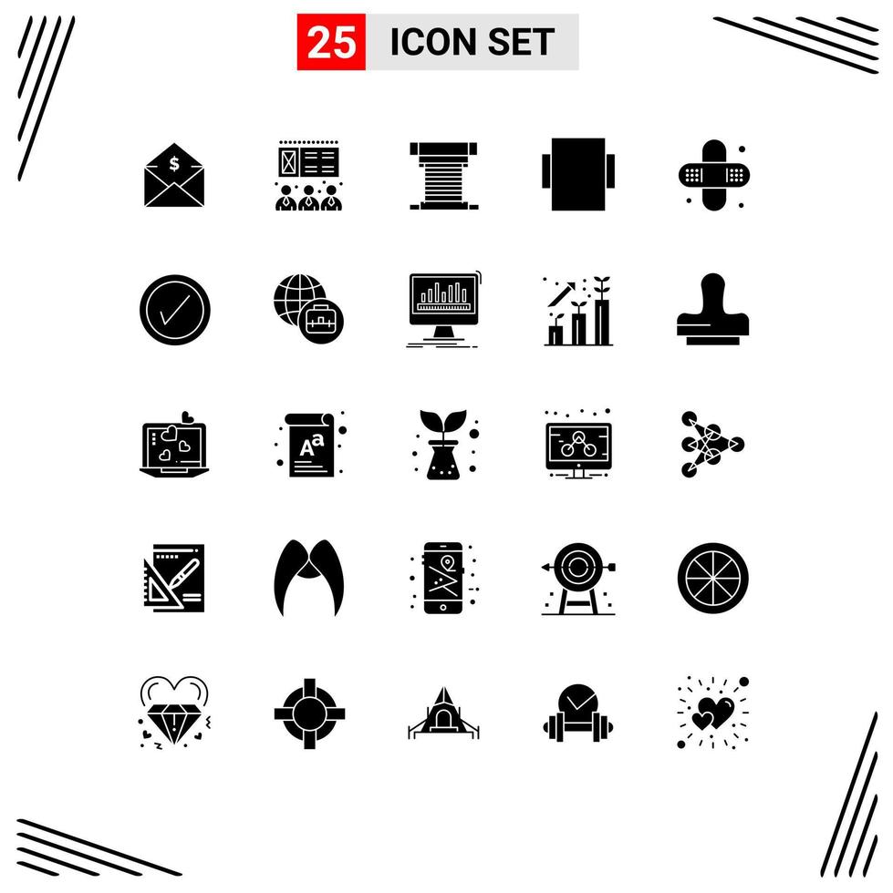 Set of 25 Commercial Solid Glyphs pack for medical bandage computer rotate fan Editable Vector Design Elements