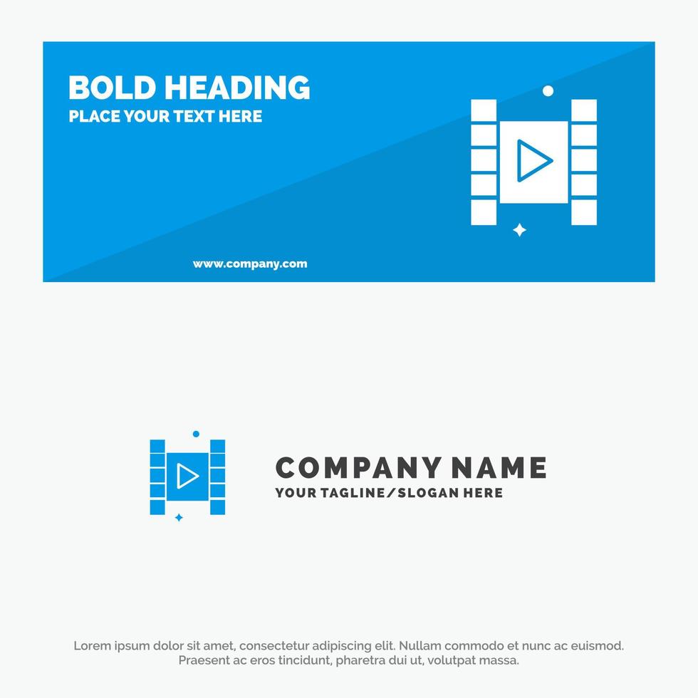banner de sitio web de icono sólido de película de reproducción de video y plantilla de logotipo de empresa vector