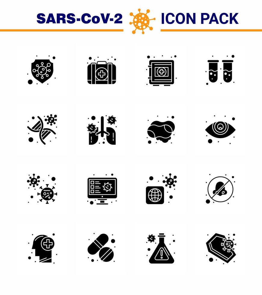 Covid19 Protection CoronaVirus Pendamic 16 Solid Glyph Black icon set such as dna test tube locker blood test securitybox viral coronavirus 2019nov disease Vector Design Elements