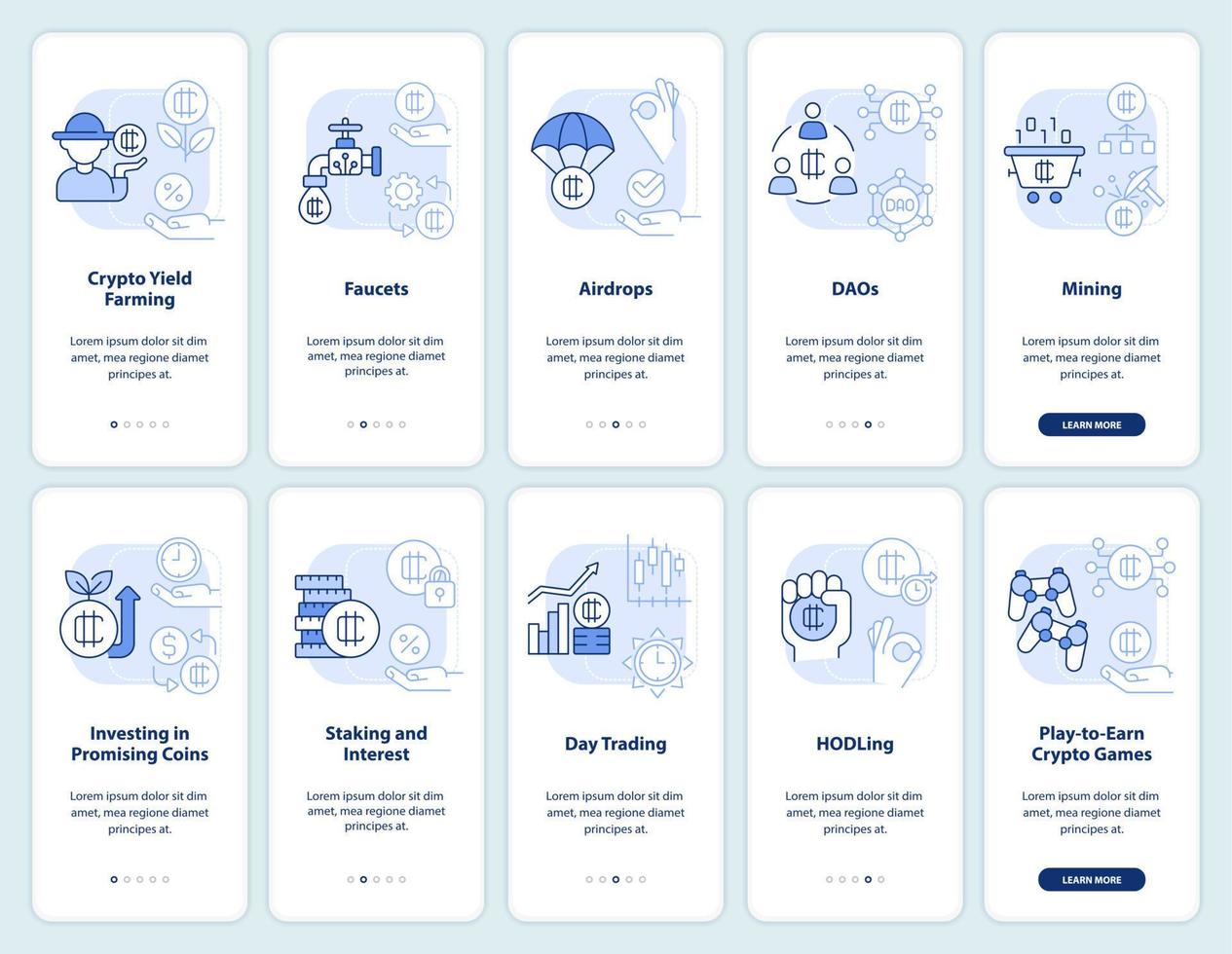 Making money on crypto light blue onboarding mobile app screen set vector