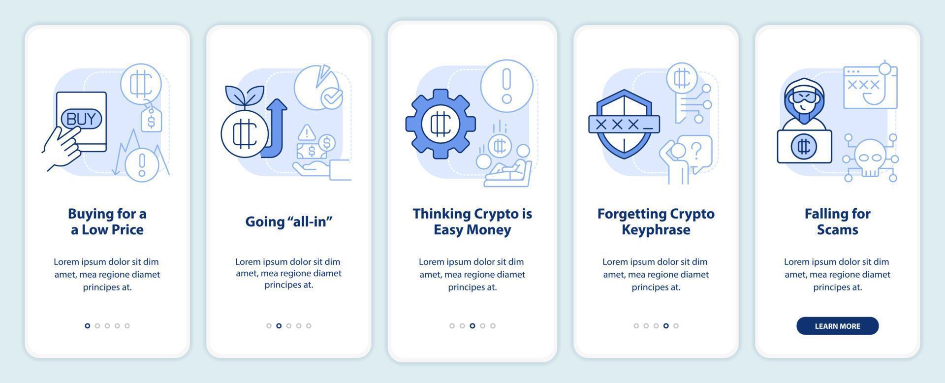 Common crypto mistakes light blue onboarding mobile app screen vector