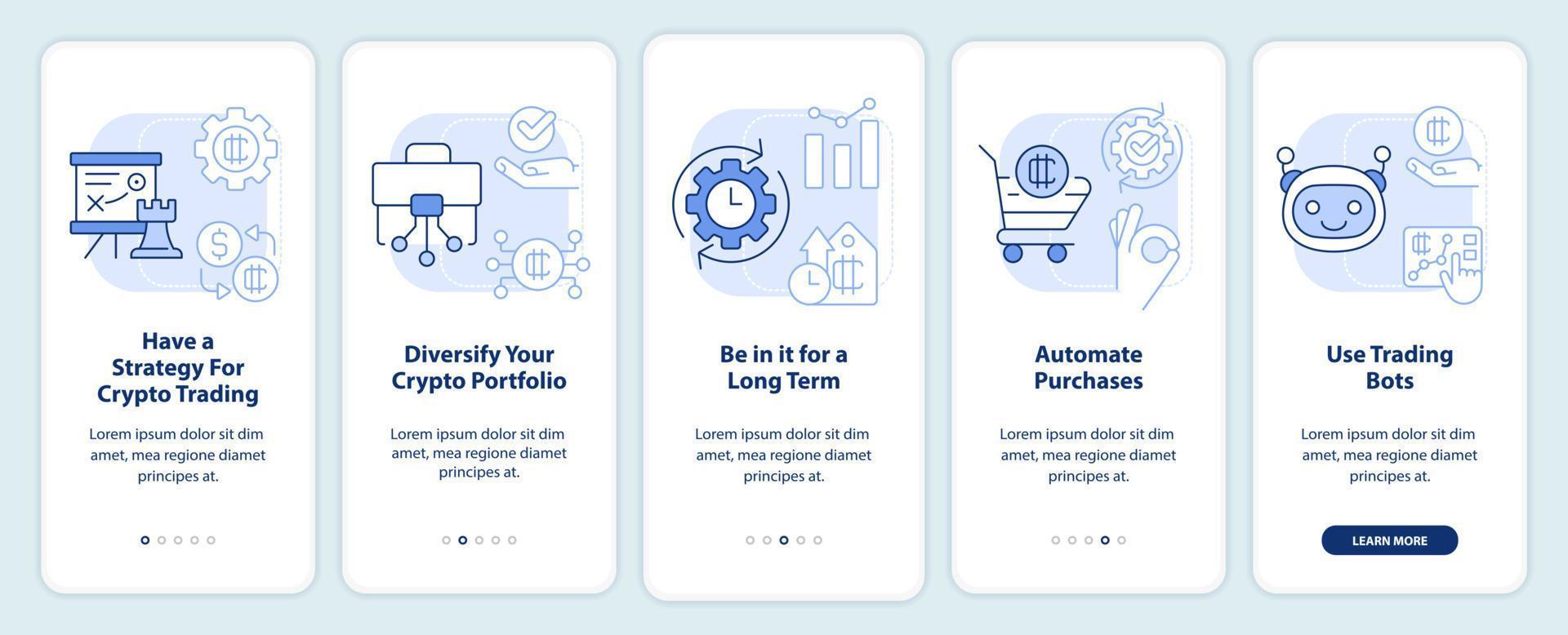 Cryptocurrency tips light blue onboarding mobile app screen vector