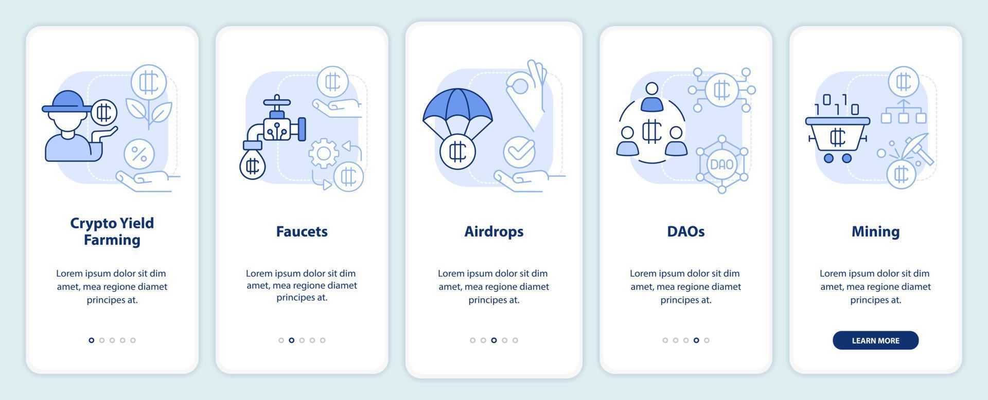 Make money on cryptocurrency light blue onboarding mobile app screen vector