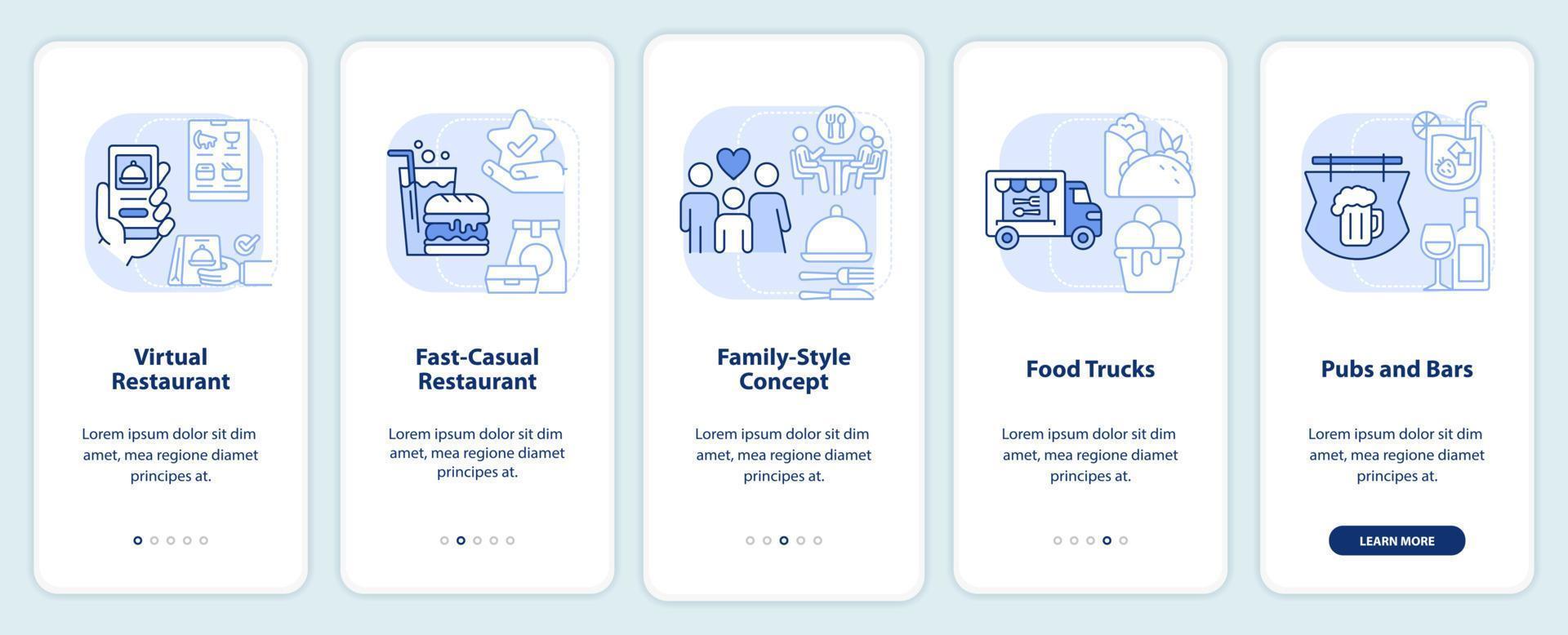 pantalla de aplicación móvil de incorporación de conceptos de restaurante de tendencia azul claro vector