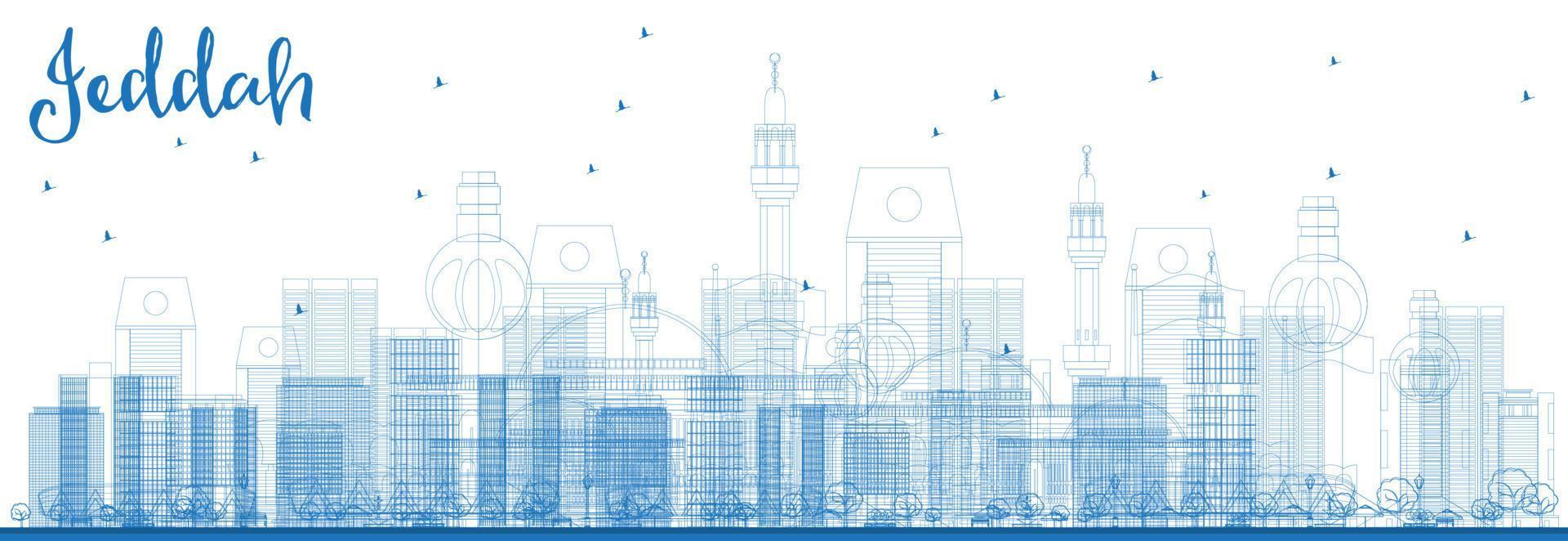 Outline Jeddah Skyline with Blue Buildings. vector