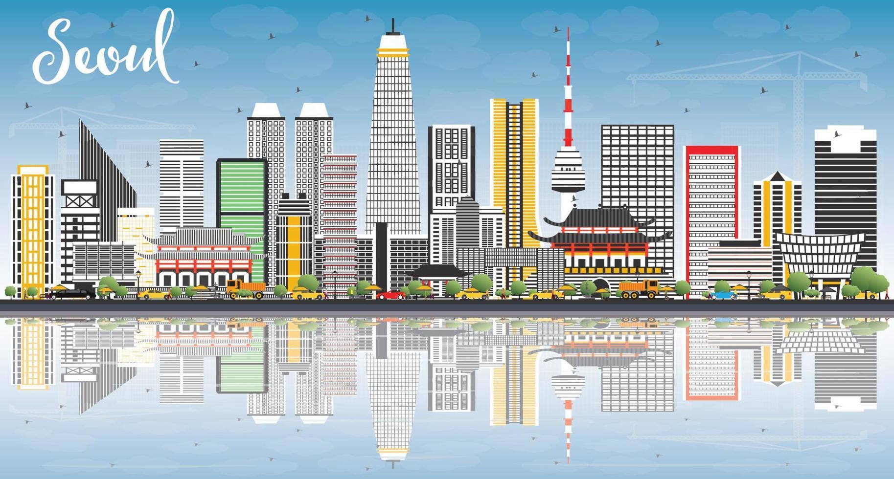 Seoul Korea Skyline with Color Buildings, Blue Sky and Reflections. vector