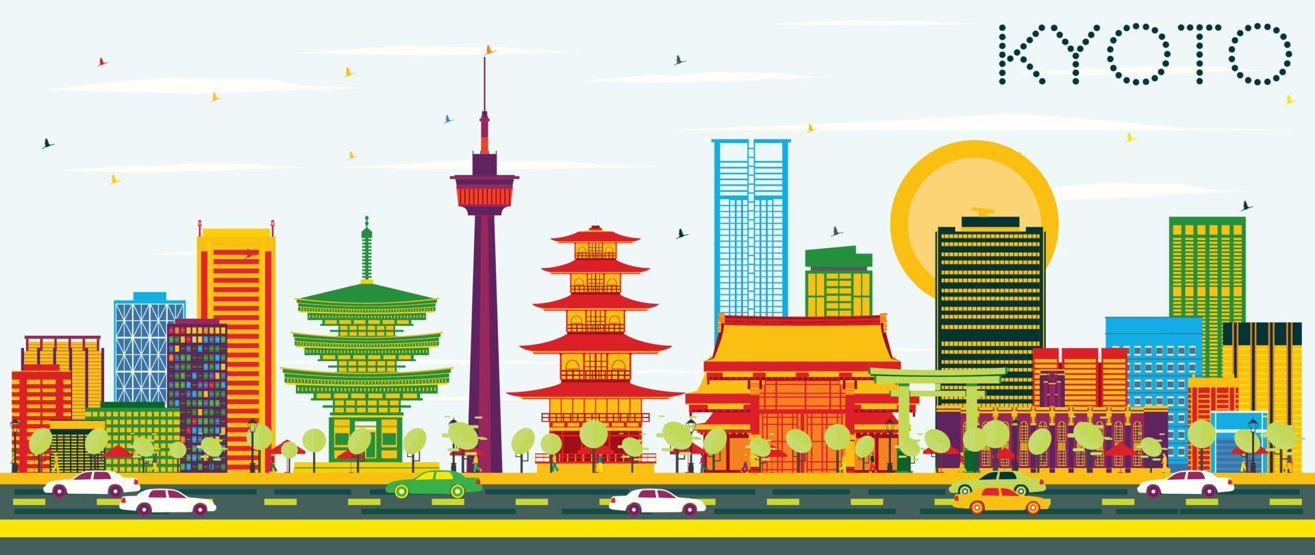 Kyoto Skyline with Color Buildings and Blue Sky. vector
