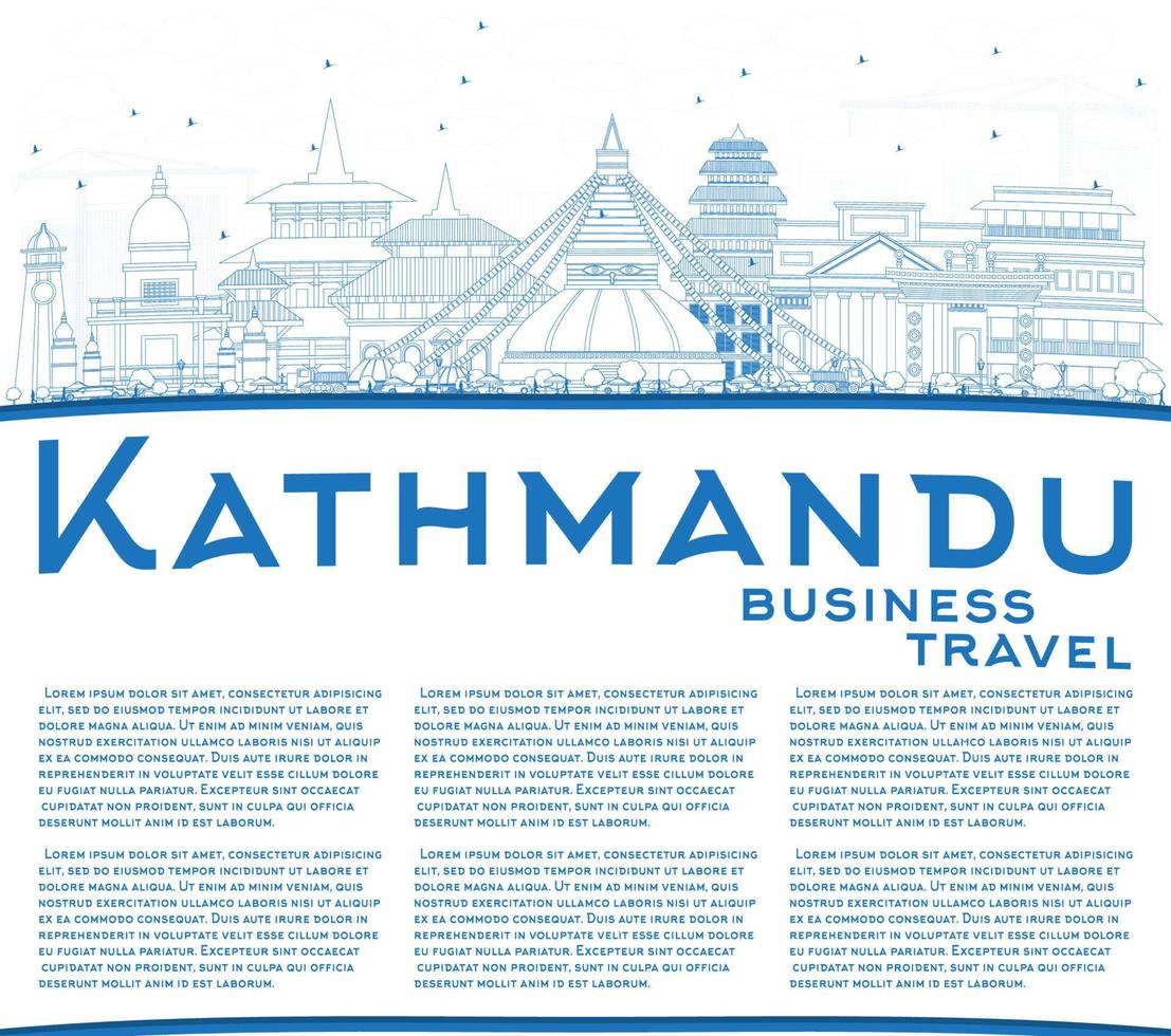 Outline Kathmandu Skyline with Blue Buildings and Copy Space. vector
