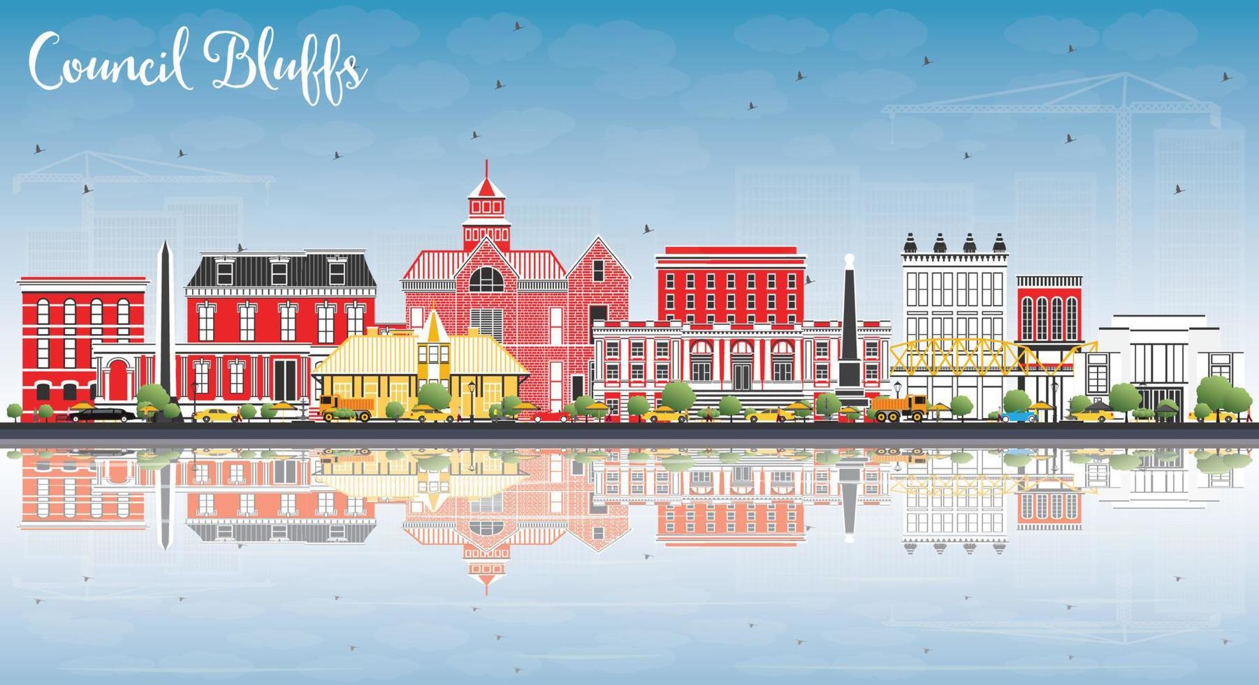 Council Bluffs Iowa Skyline with Color Buildings, Blue Sky and Reflections. vector