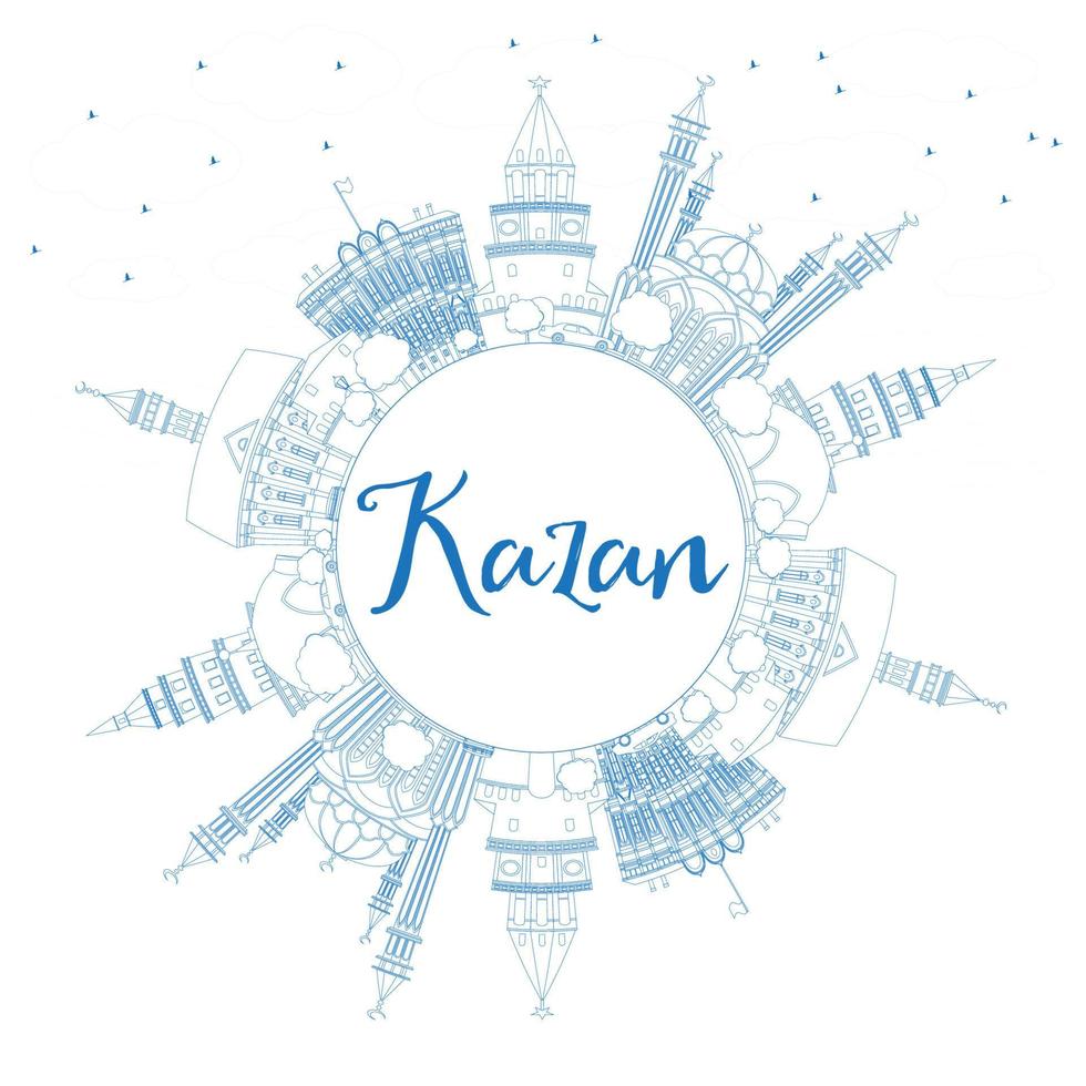 Outline Kazan Skyline with Blue Buildings and Copy Space. vector