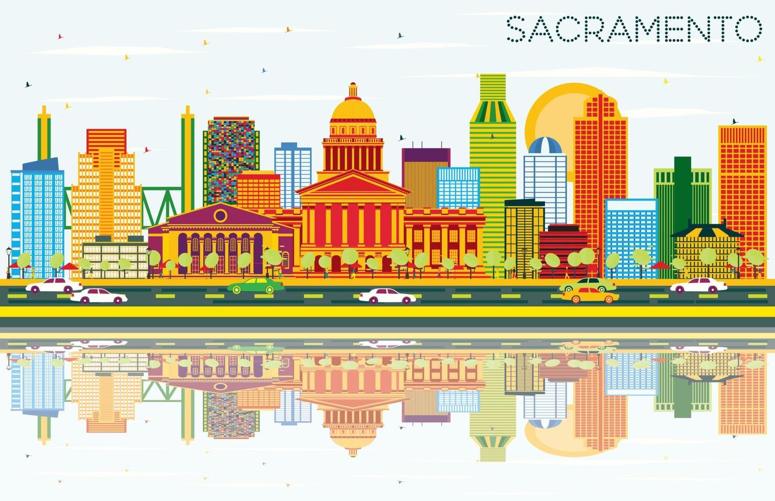 Sacramento USA Skyline with Color Buildings, Blue Sky and Reflections. vector