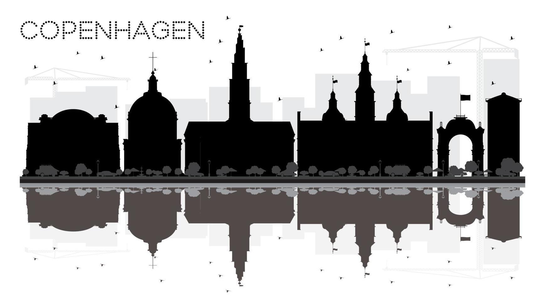 Copenhagen City skyline black and white silhouette with reflections. vector