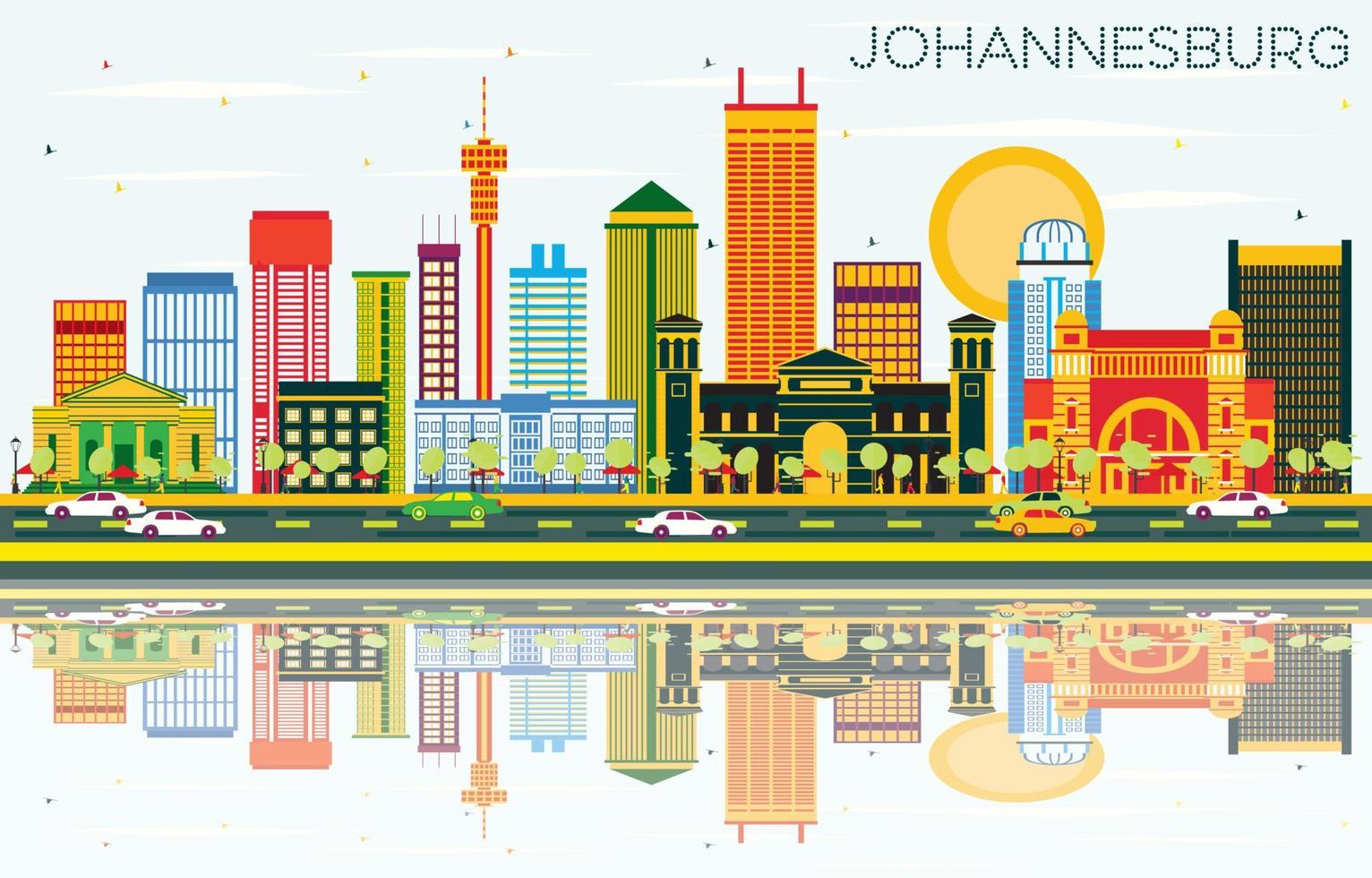 Johannesburg Skyline with Color Buildings, Blue Sky and Reflections. vector