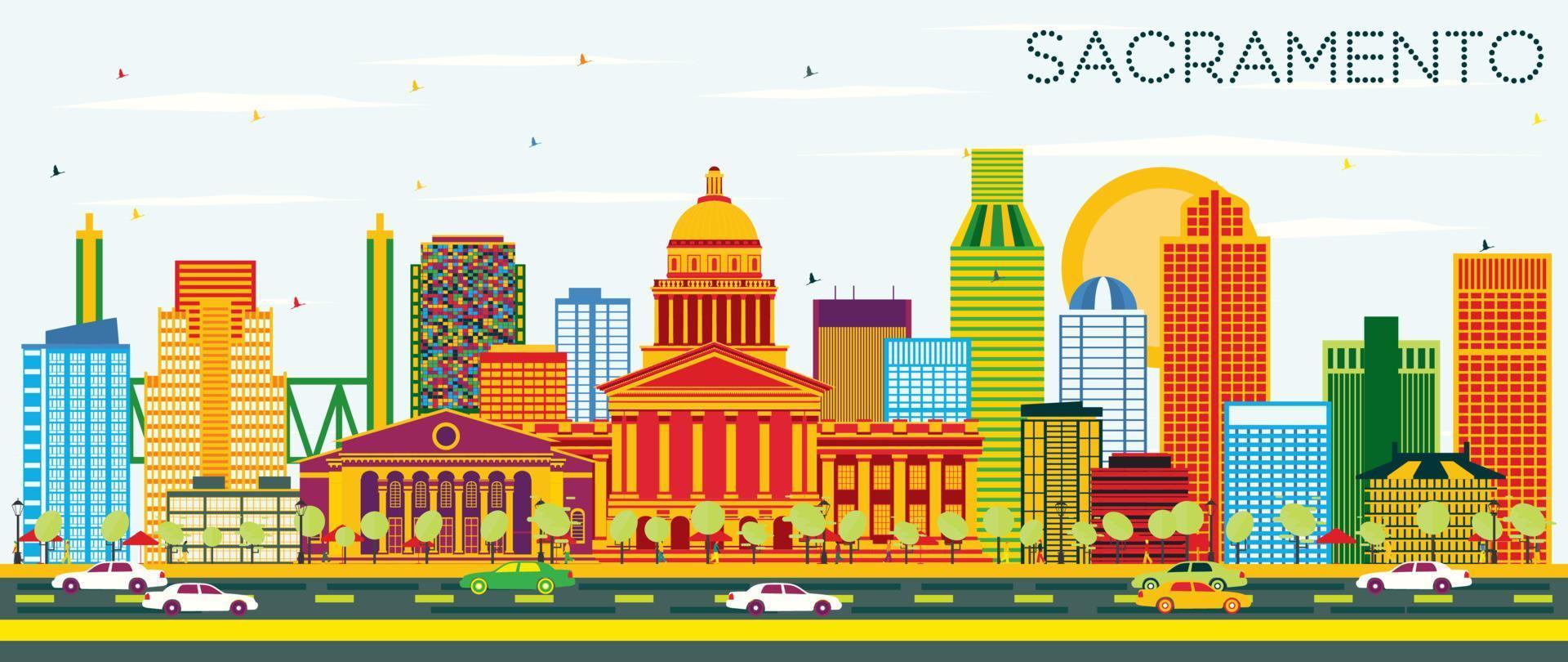 Sacramento USA Skyline with Color Buildings and Blue Sky. vector