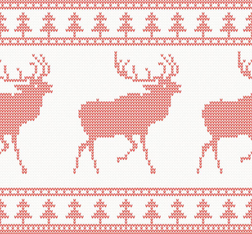 Knitted Deer Seamless Pattern in Red Color. vector
