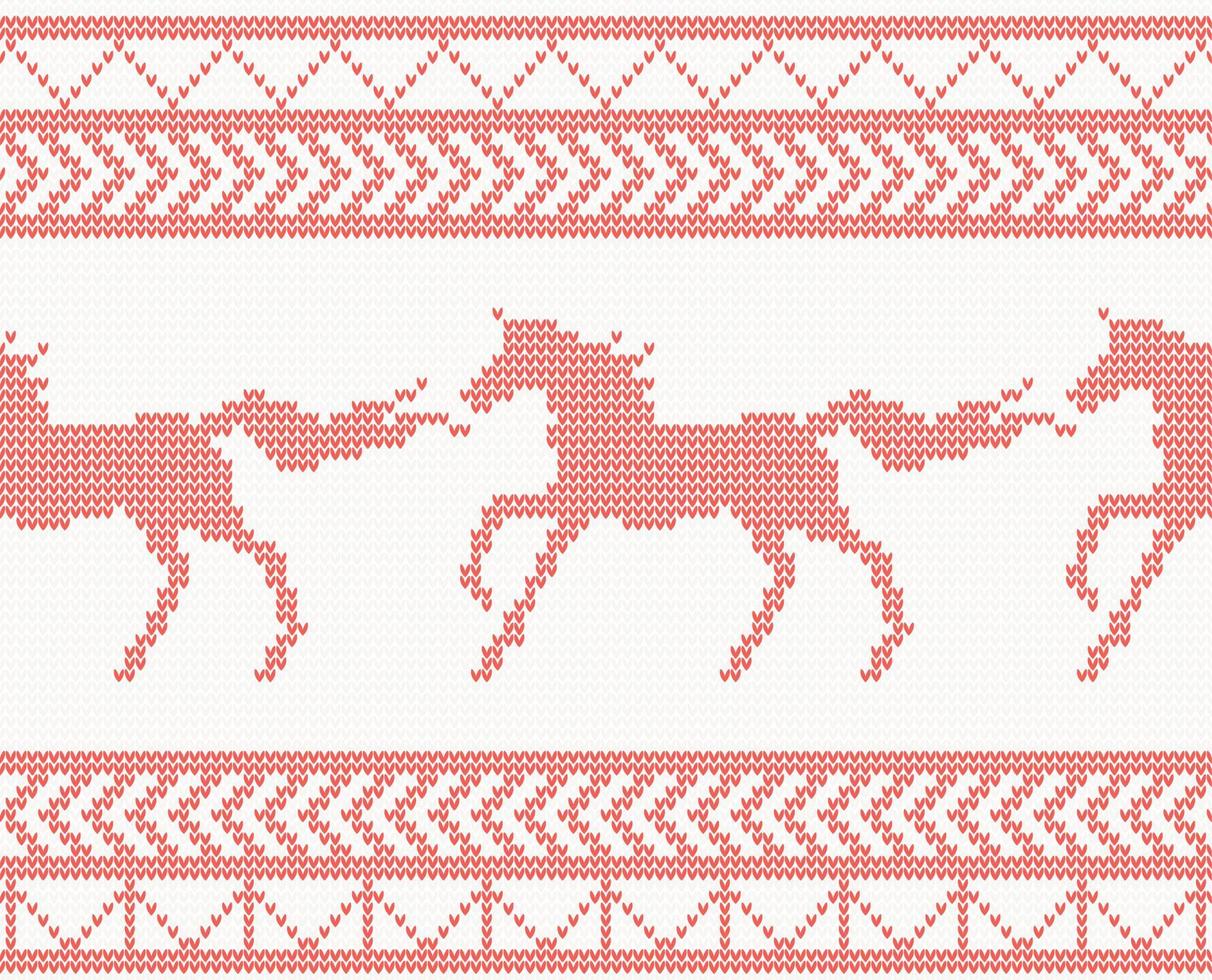 Knitted Horse Seamless Pattern in Red Color. vector