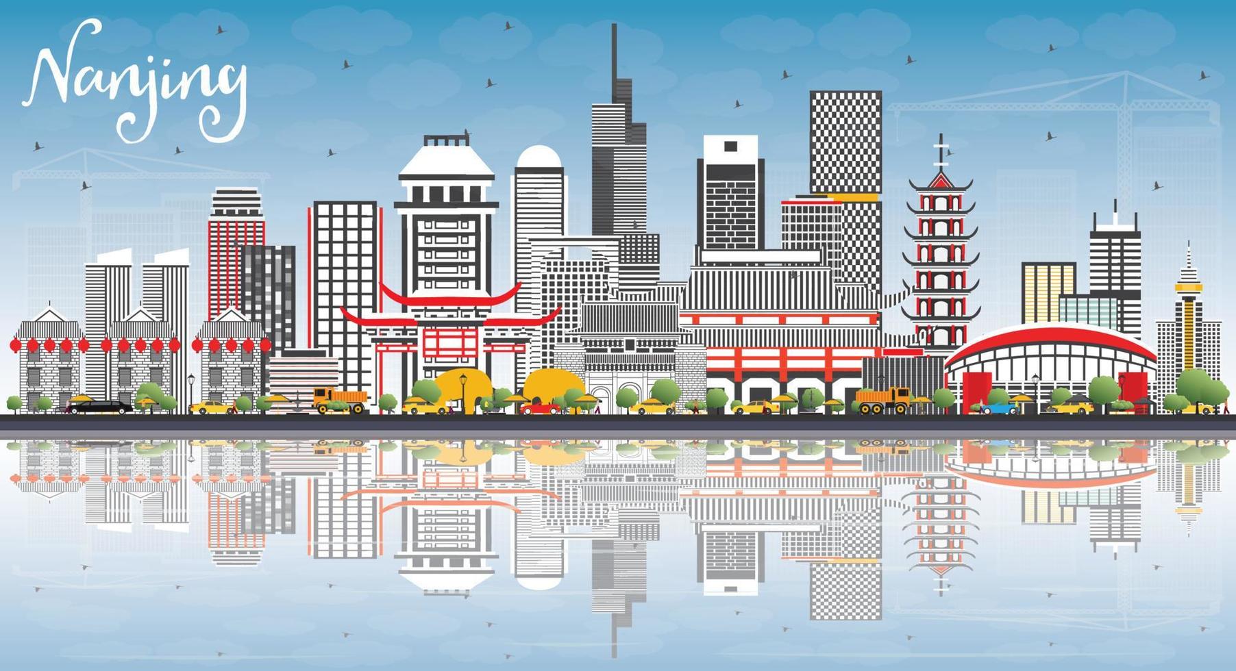 Nanjing China Skyline with Gray Buildings, Blue Sky and Reflections. vector