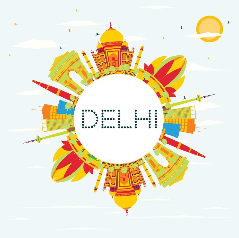 Delhi Skyline with Color Buildings, Blue Sky and Copy Space. vector