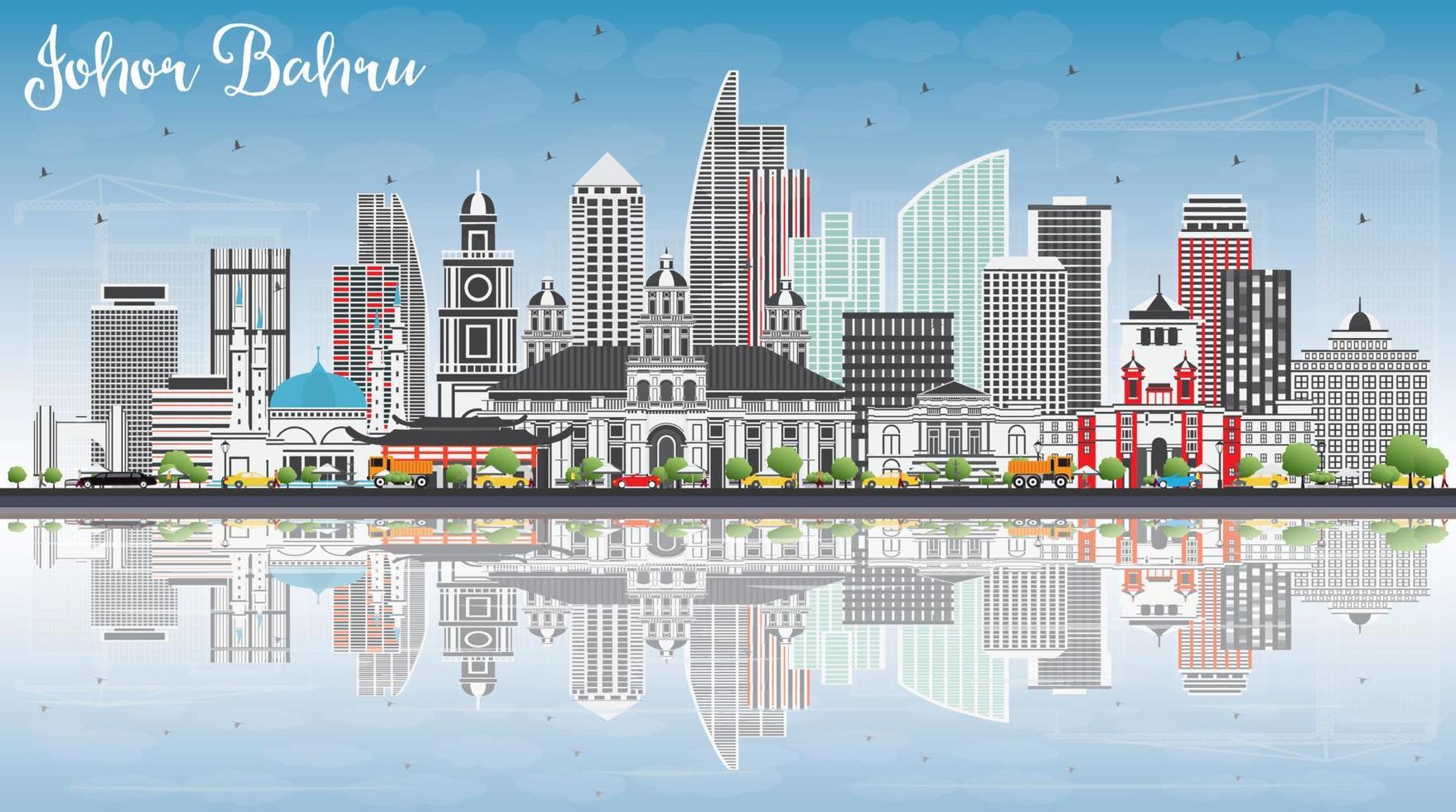 Johor Bahru Malaysia Skyline with Gray Buildings, Blue Sky and Reflections. vector