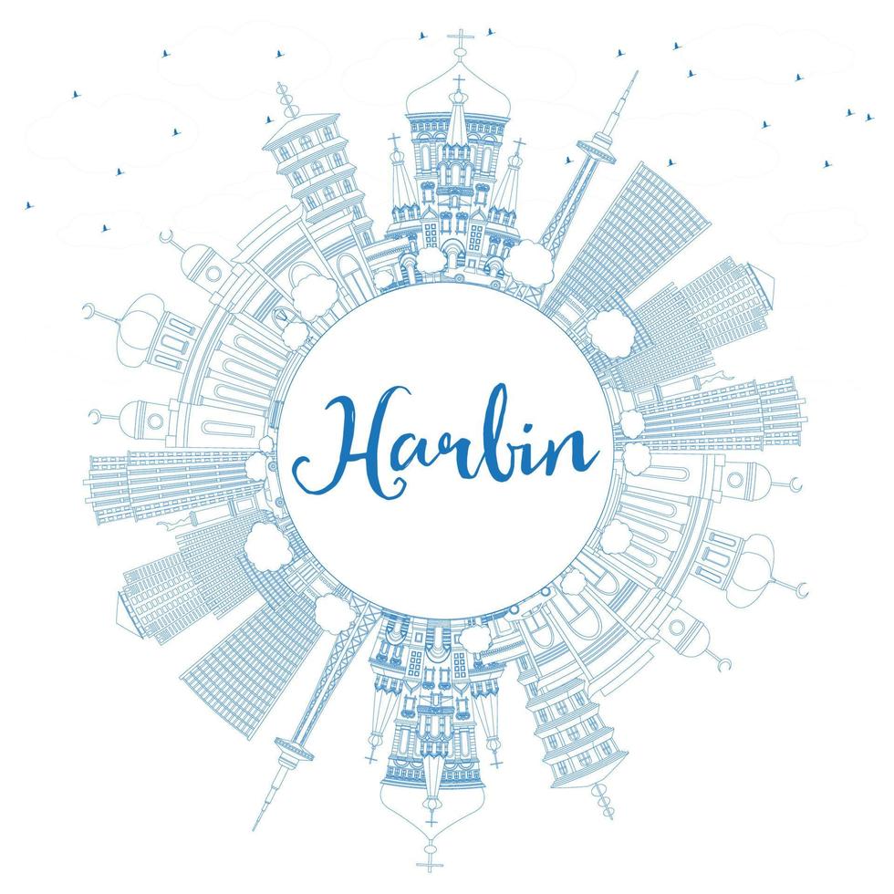 Outline Harbin Skyline with Blue Buildings and Copy Space. vector