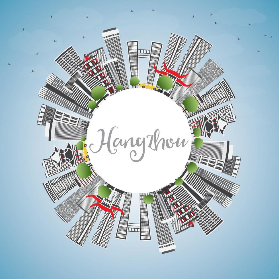 Hangzhou Skyline with Gray Buildings, Blue Sky and Copy Space. vector