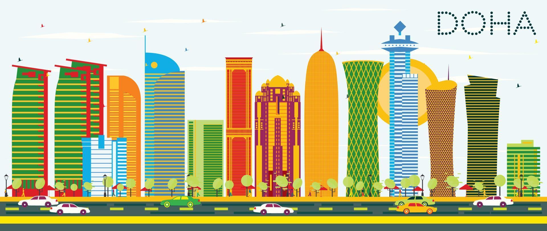 Doha Skyline with Color Buildings and Blue Sky. vector