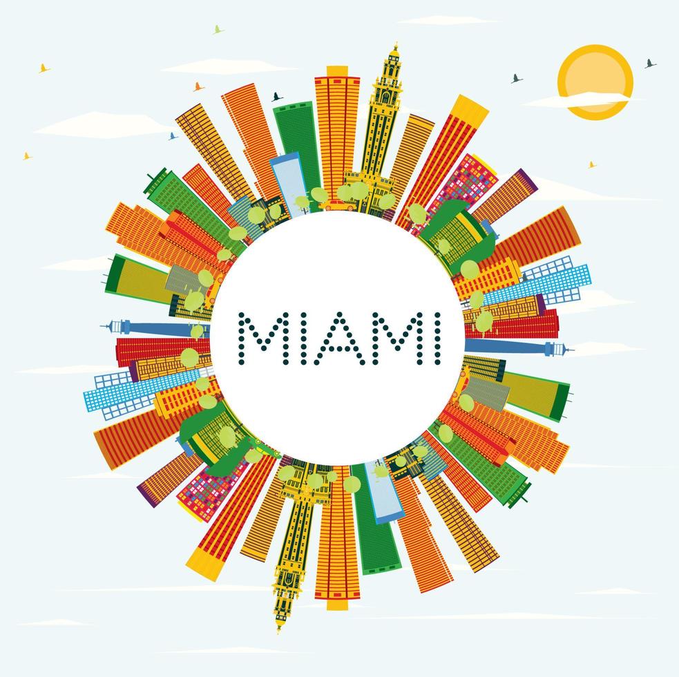 Miami Skyline with Color Buildings, Blue Sky and Copy Space. vector