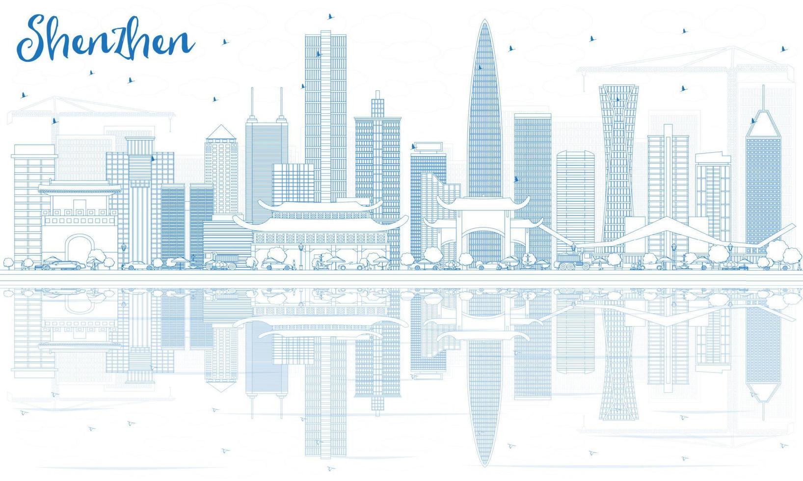 delinear el horizonte de shenzhen con edificios azules y reflejos. vector