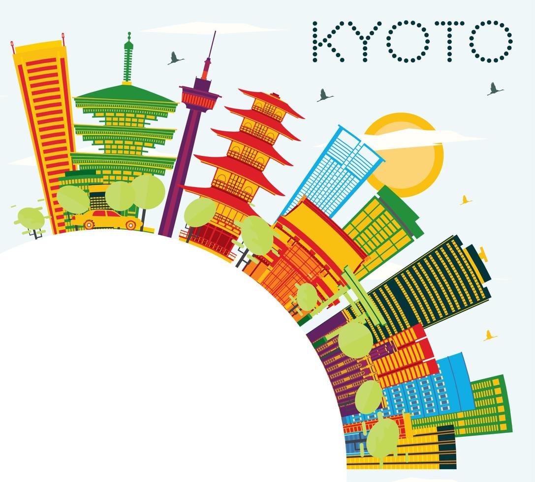 horizonte de kyoto con edificios de color, cielo azul y espacio para copiar. vector