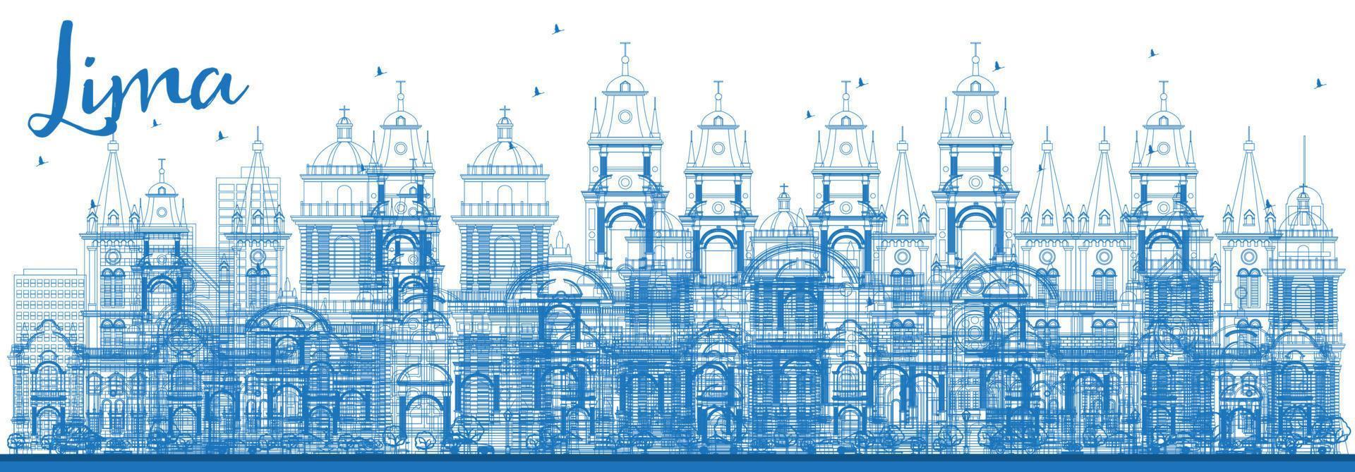Outline Lima Skyline with Blue Buildings. vector