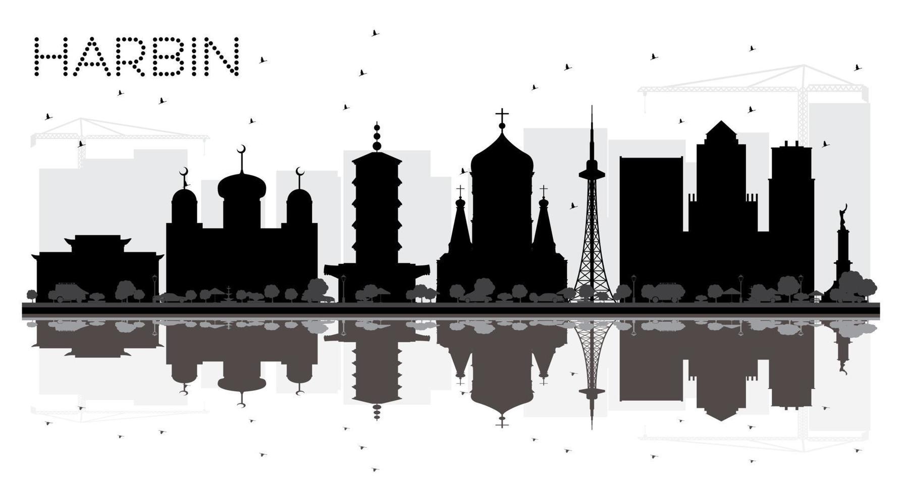 Harbin China City skyline black and white silhouette with Reflections. vector