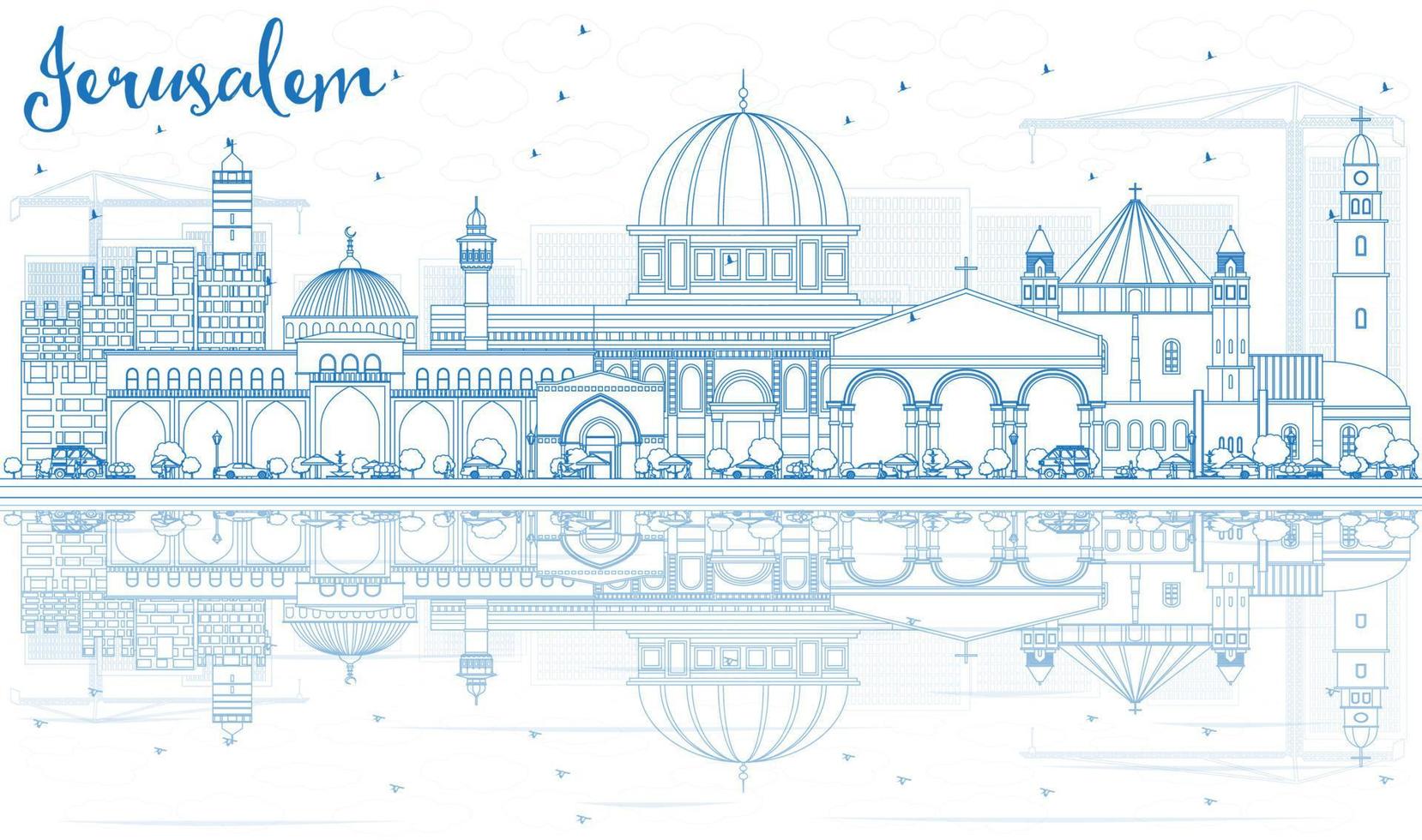 Outline Jerusalem Skyline with Blue Buildings and Reflections. vector