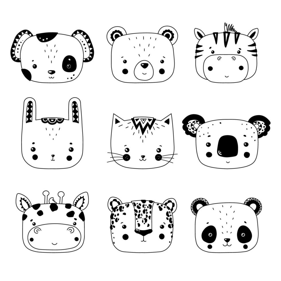 A set of cute animal faces in a line. Vector illustration in the style of flat.