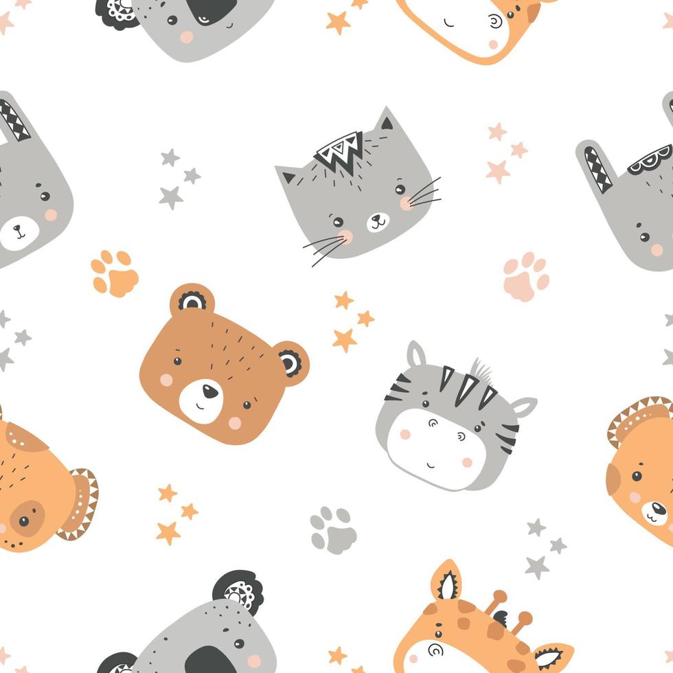 Seamless pattern with cute animal faces. Vector illustration in the style of flat.