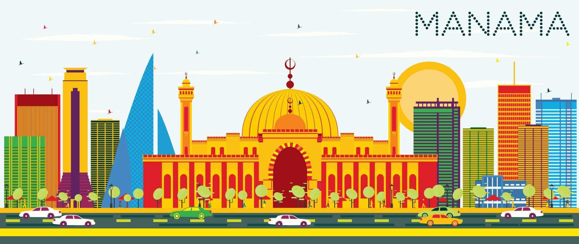 Manama Skyline with Color Buildings and Blue Sky. vector