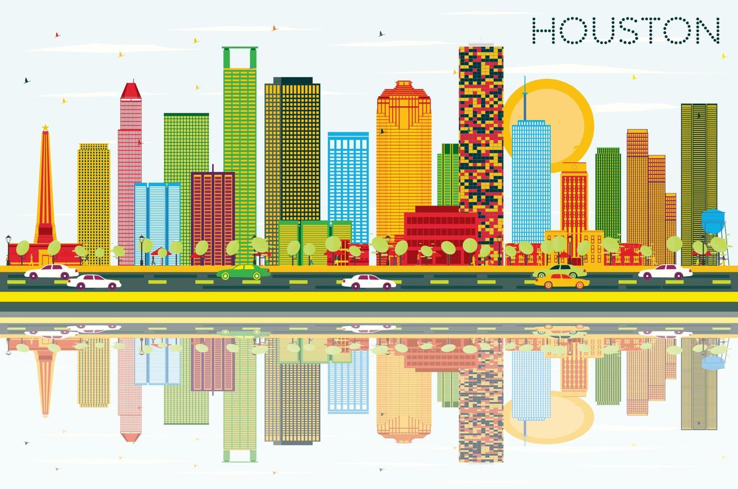 horizonte de houston con edificios de color, cielo azul y reflejos. vector