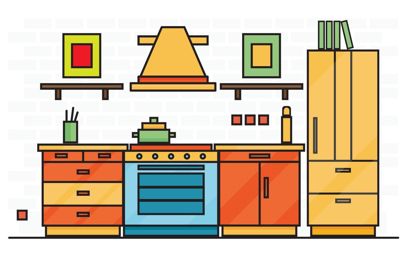 interior de cocina con mesa, estufa y nevera. vector