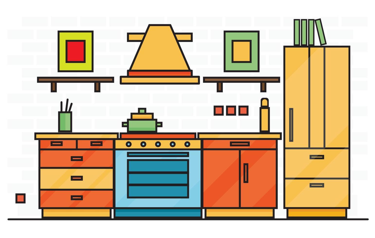 Kitchen Interior with Table, Stove and Fridge. vector