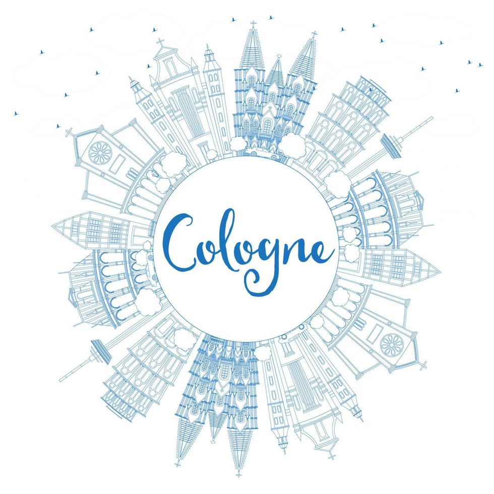 Outline Cologne Skyline with Blue Buildings and Copy Space. vector