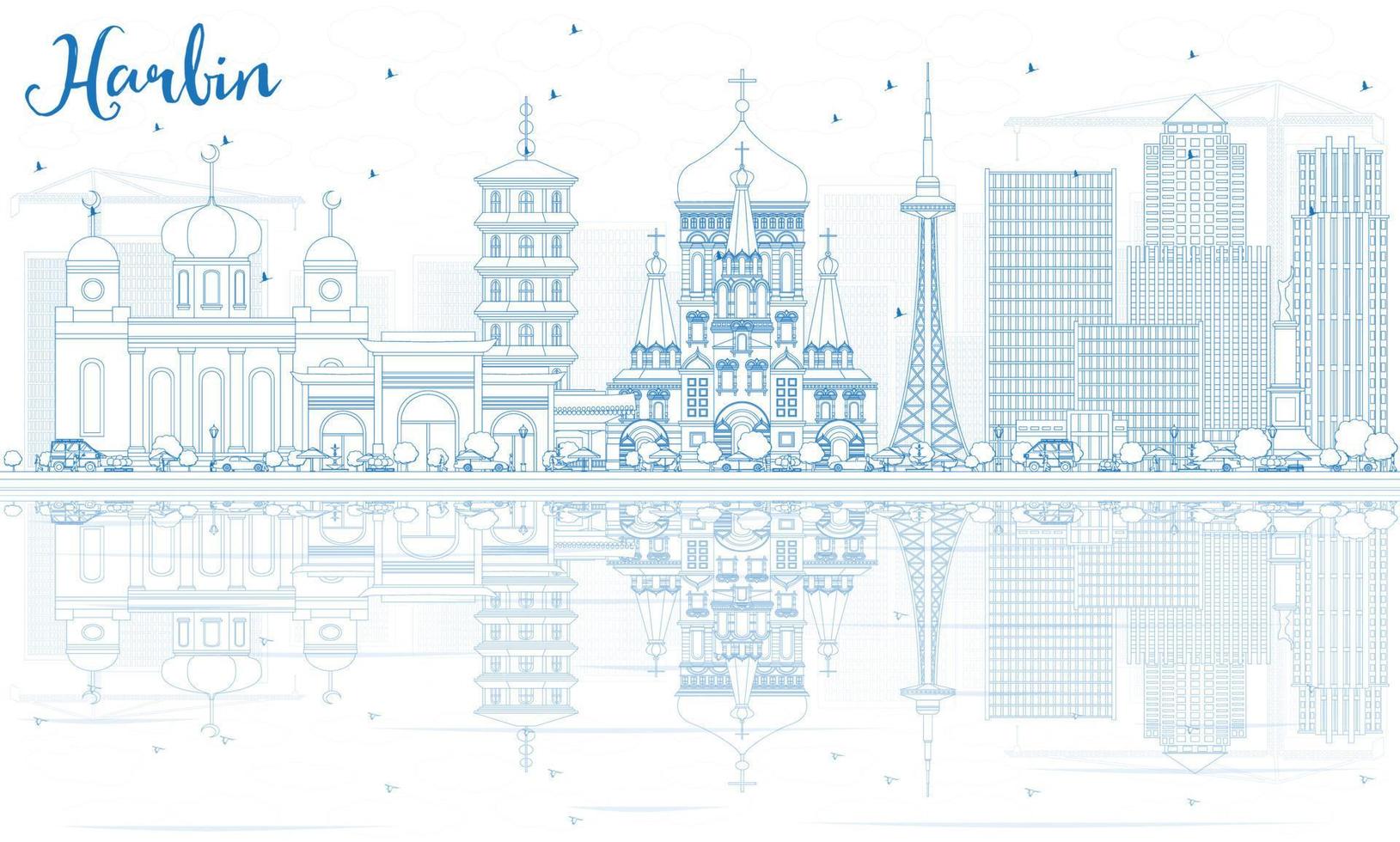 Outline Harbin Skyline with Blue Buildings and Reflections. vector